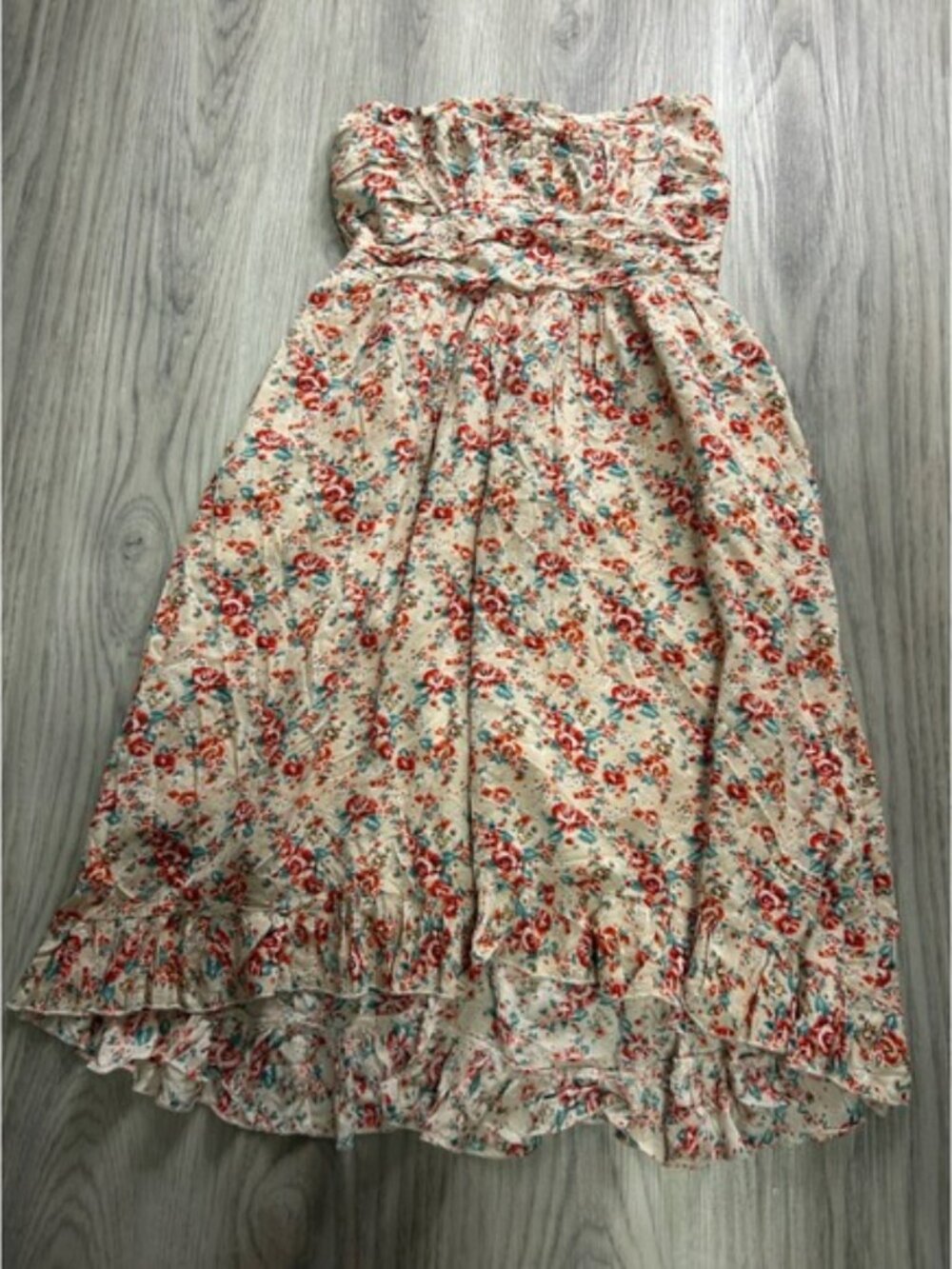 Easel Strapless Floral Ruffle Hem Dress‎ Womens Medium Cream Red Blue Boho